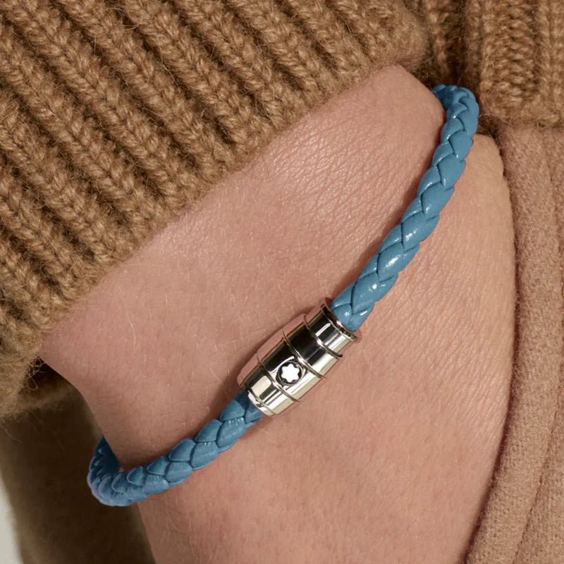 Bracelet hommeMontblancBracelet Montblanc Meisterstück en acier 3 anneaux en cuir bleu cendré