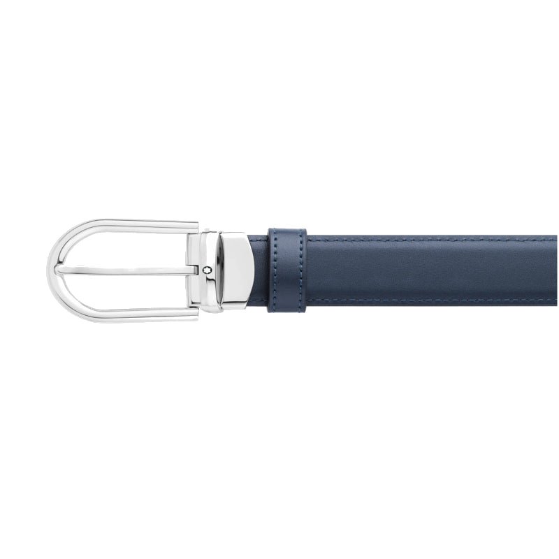 Ceinture hommeMontblancCeinture réversible Montblanc à boucle fer à cheval de 30 mm en cuir noir/bleu
