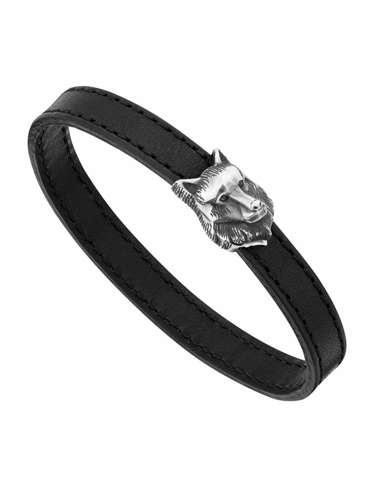 Bracelet hommeMontblancBracelet Montblanc en cuir noir avec fermoir tête de loup en argent massif